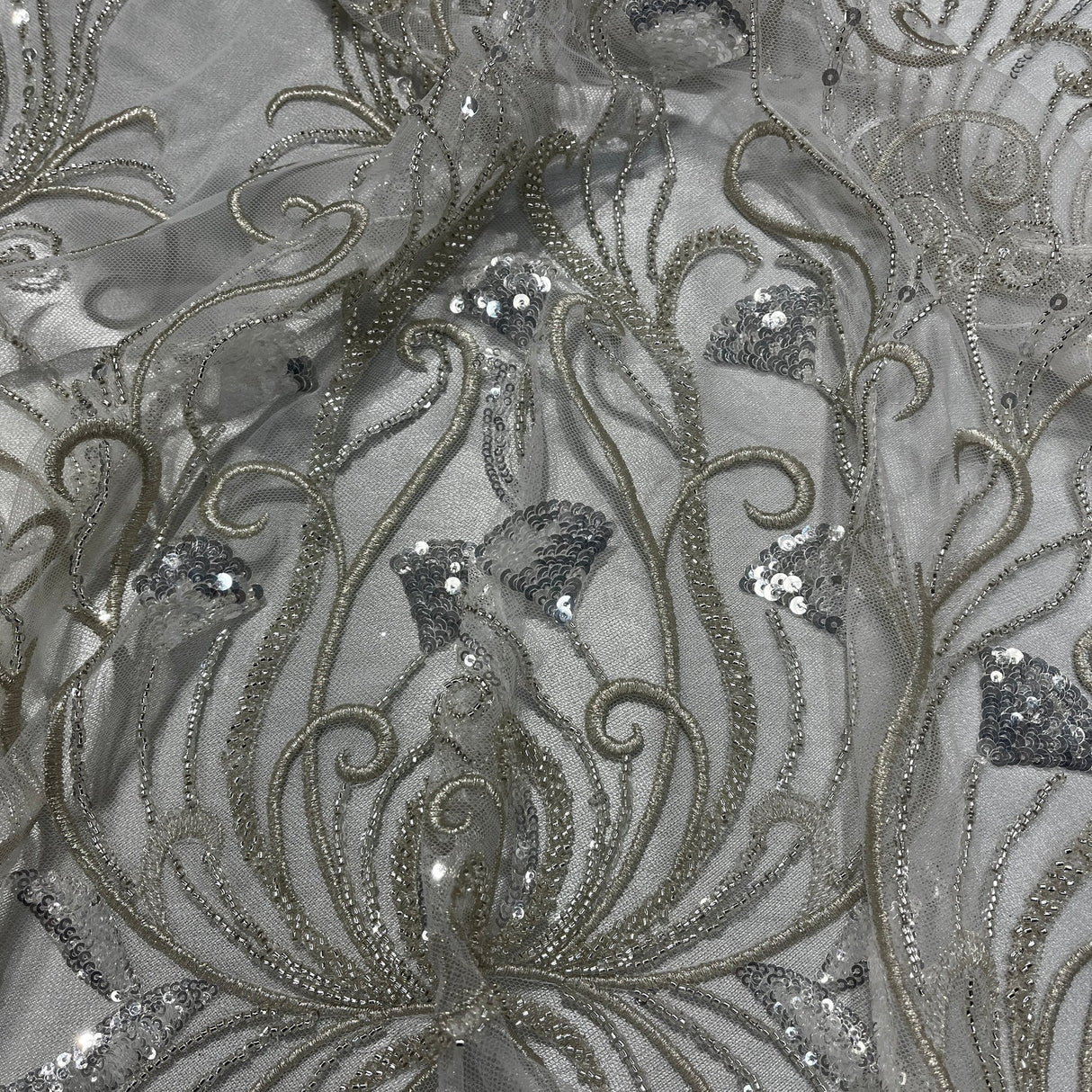 1 Yard Beaded Lace Fabric Embroidered on Polyester Net Mesh, 52" Wide, Premium Fabric for Dressmaking & Crafting