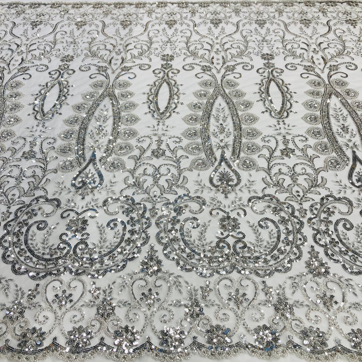 1 Yard Beaded Lace with Sequins & Pearls 52″ Wide Embroidered Polyester Mesh for Bridal & Couture Fashion