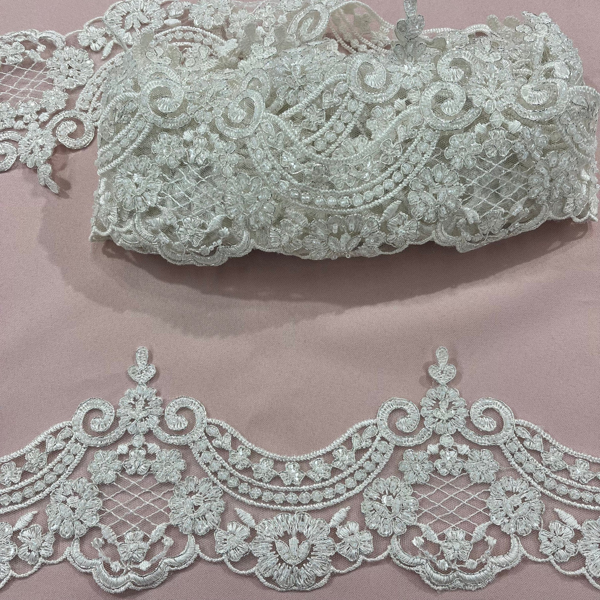 1 Yard 5″ Wide Beaded & Corded Lace Trimming Embroidered on 100% Polyester Net Mesh