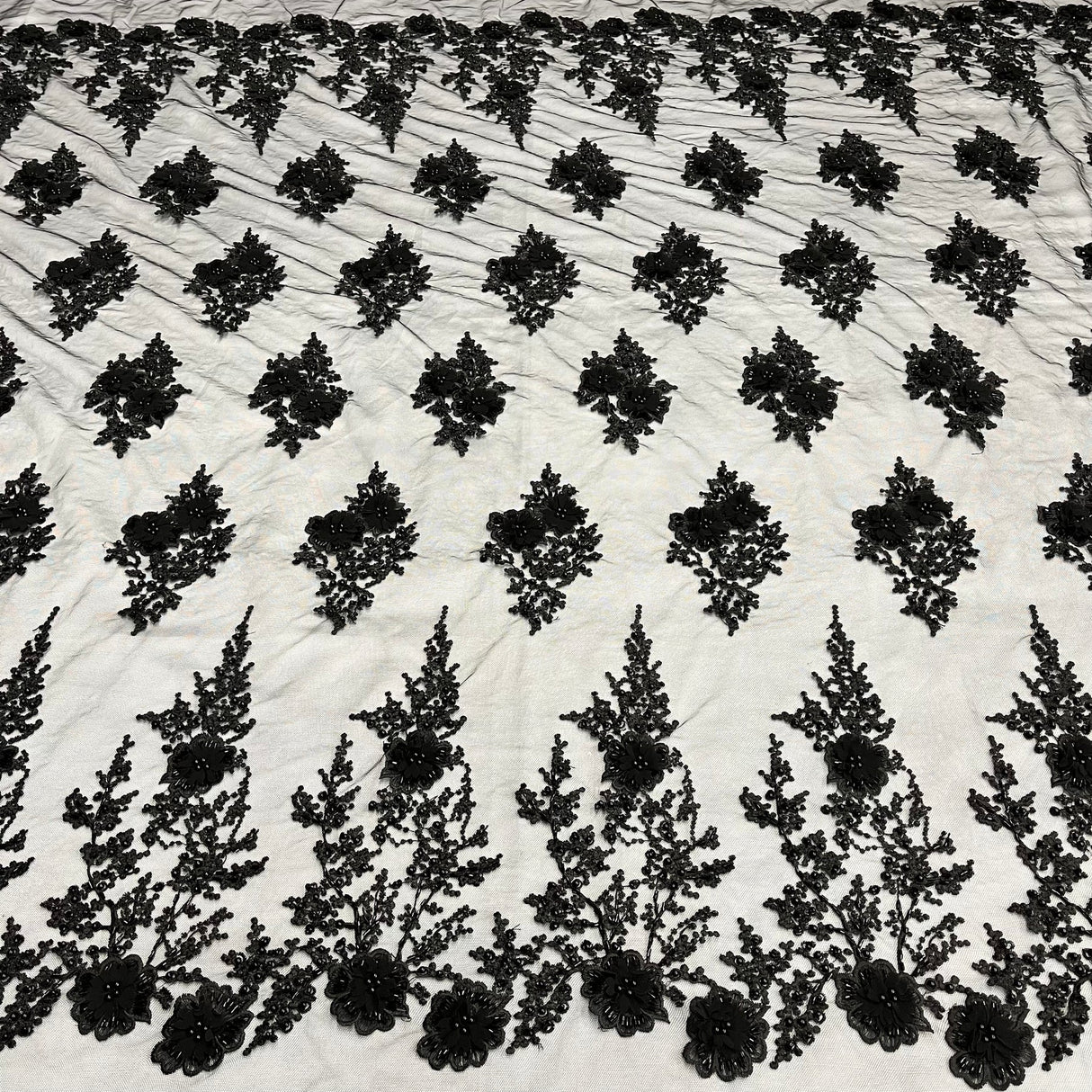 1 Yard Elegant Beaded and Corded Bridal Lace Fabric Embroidered on Polyester Net Mesh 52 inch Width