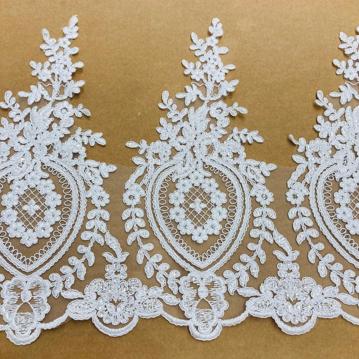 1 Yard Beaded & Corded Lace Trimming 13″ Wide Embroidered on 100% Polyester Net Mesh