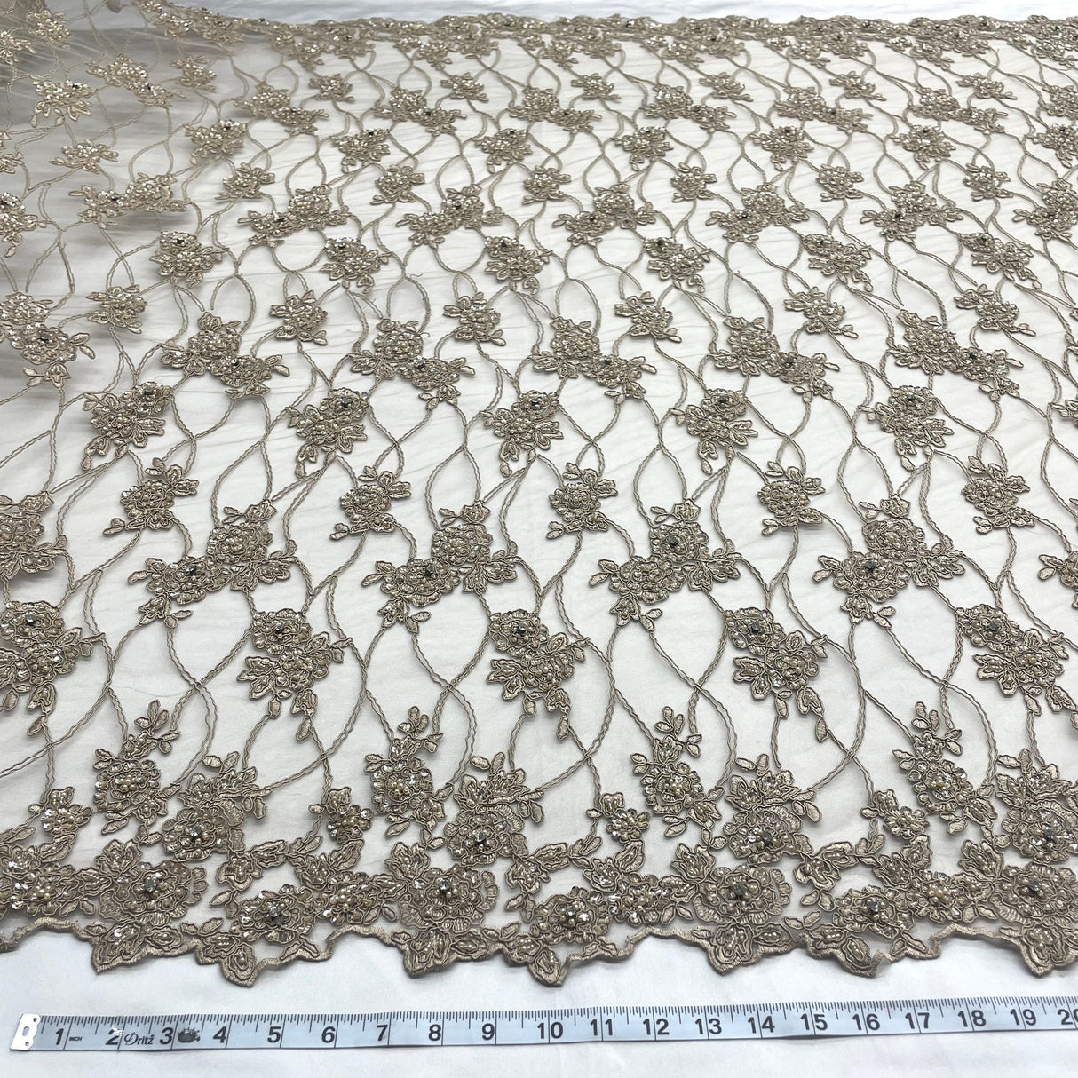 1 Yard Blush Beaded & Corded Bridal Lace Embroidered on Fabric 52" Wide Polyester Net Mesh