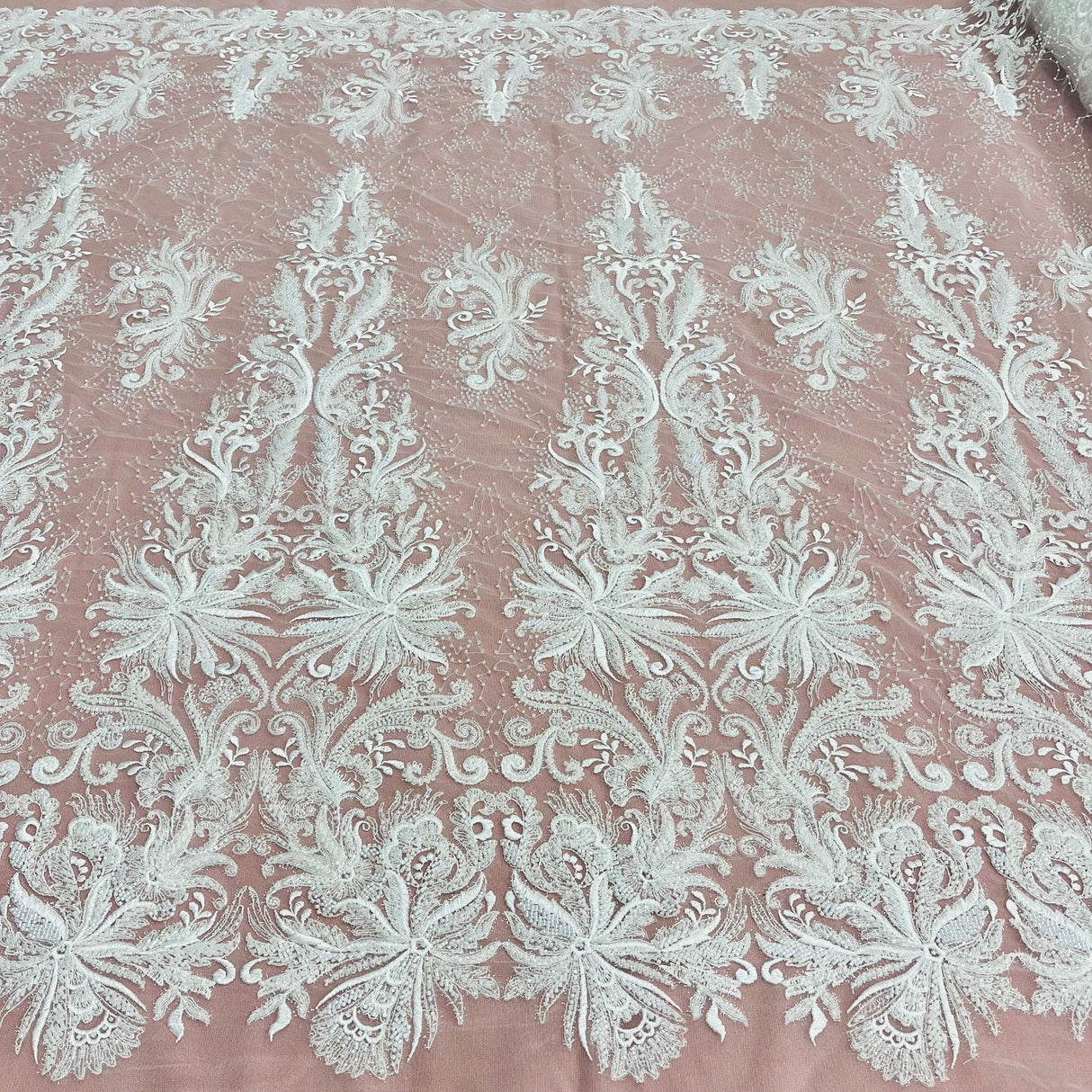 1 Yard Beaded Lace Fabric Embroidered with Fuzzy Thread on Polyester Net Mesh 53" Wide, Lace USA