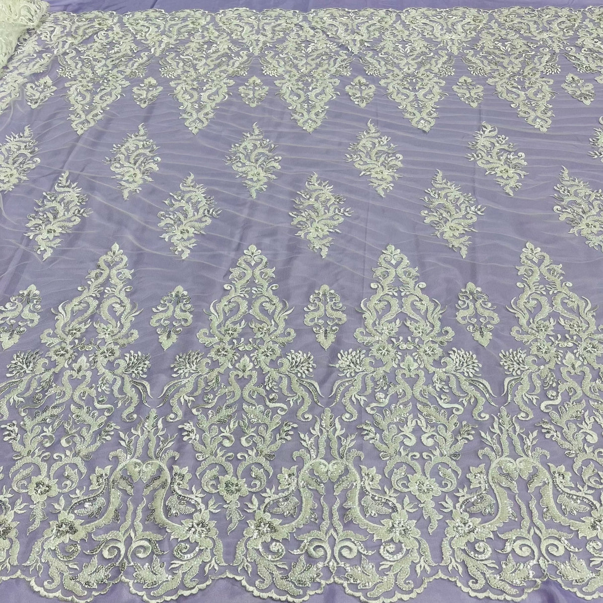 1 Yard Luxurious Beaded & Sequined Lace Fabric Embroidered on Polyester Net Mesh Perfect for Bridal & Evening Couture 52" Wide