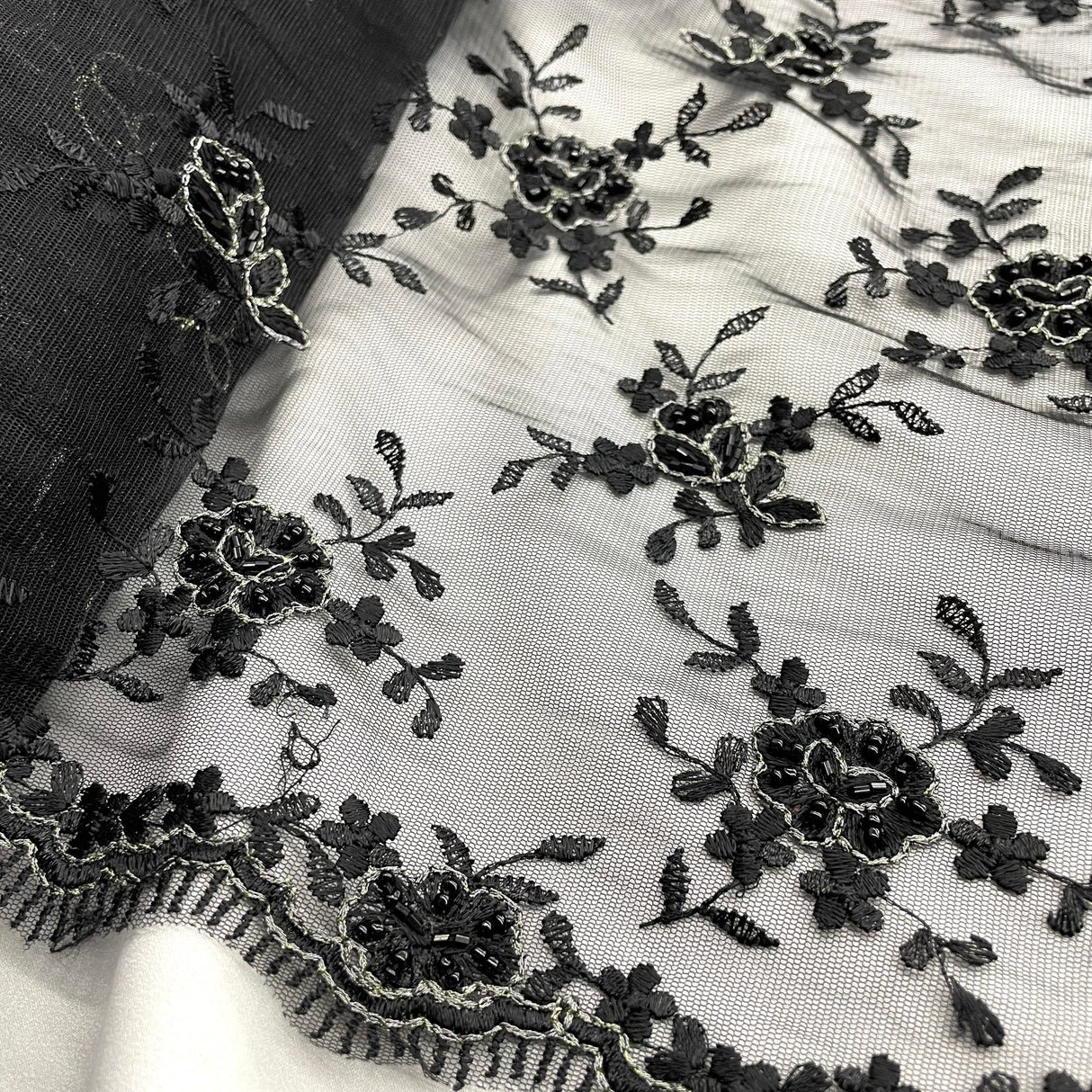 1 Black Yard Beaded Lace Fabric Embroidered Pearl Mesh Couture Dress 50" Width