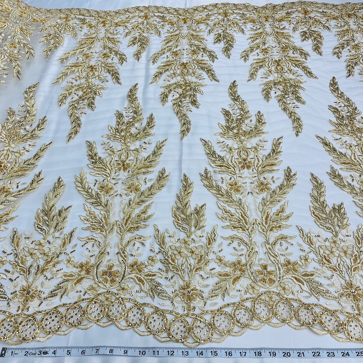 1 Yard Elegant White Beaded & Corded Embroidered Lace Fabric, 51" Wide, Bridal Fabrication for Gowns & Décor