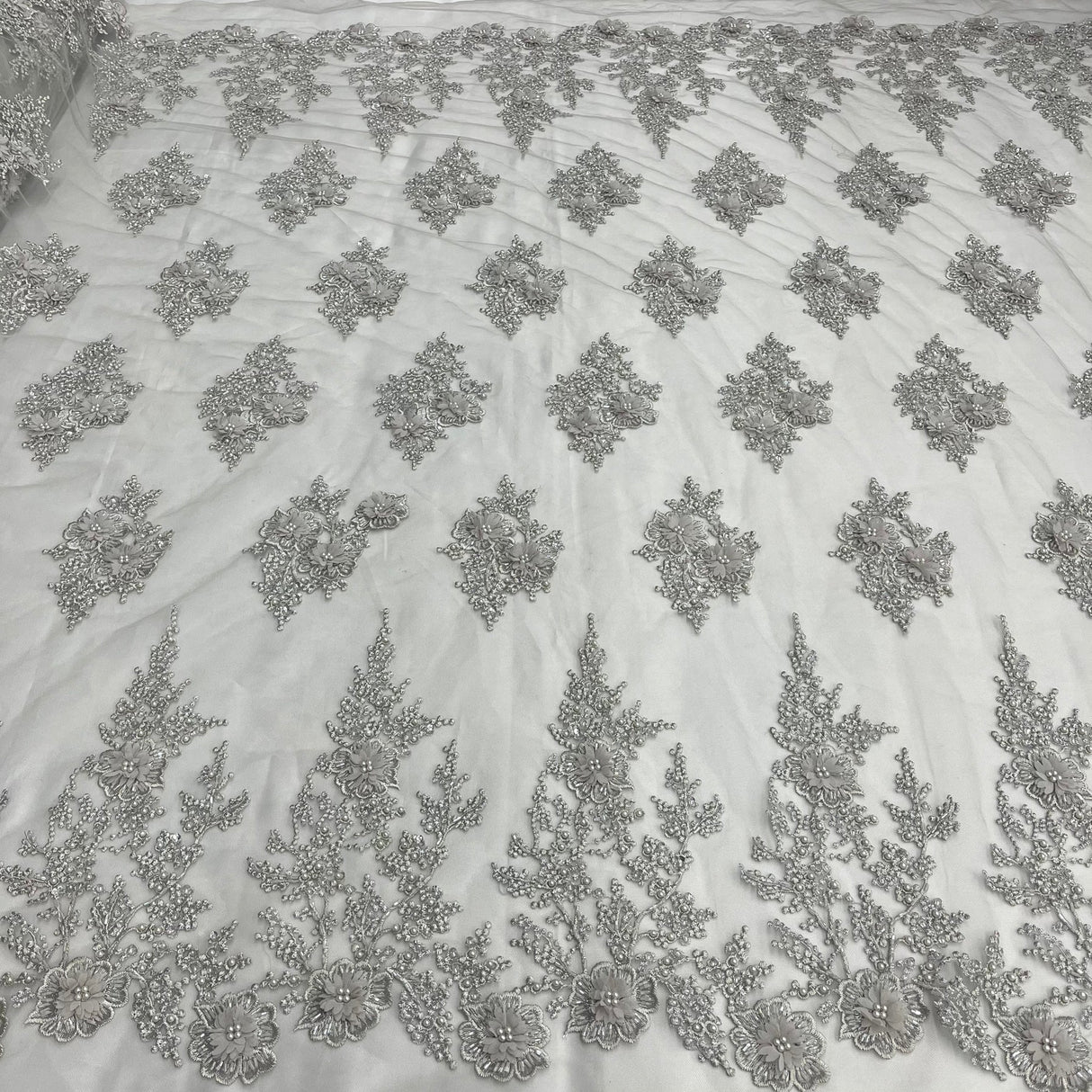 1 Yard Elegant Beaded and Corded Bridal Lace Fabric Embroidered on Polyester Net Mesh 52 inch Width
