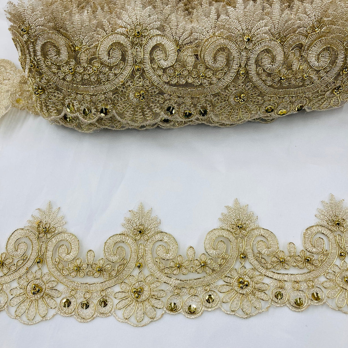 1 Yard Luxurious Beaded and Corded Lace Trimming Embroidered on Polyester Net Mesh for Special Occasions 4 Inch Width