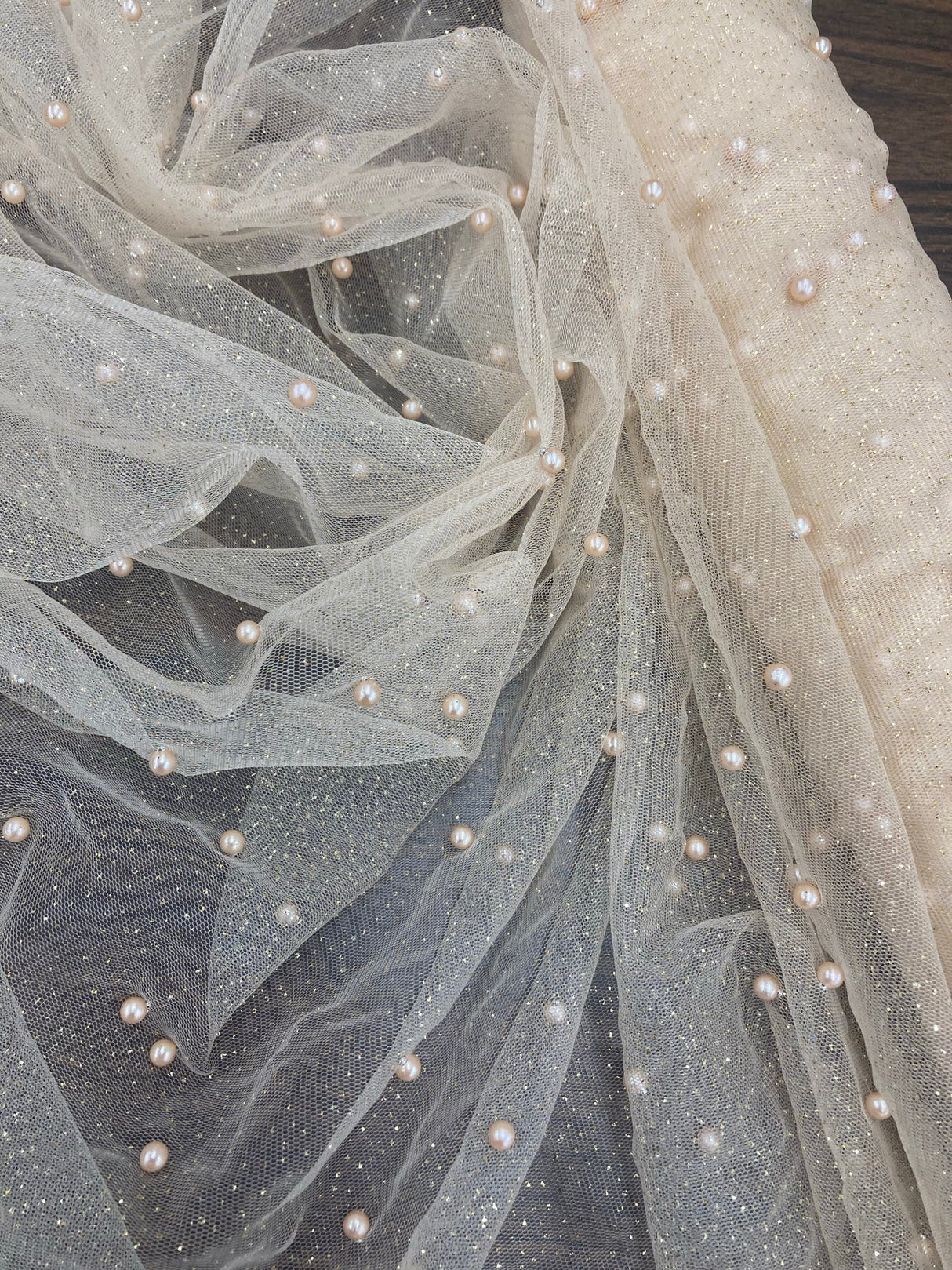 1 Yard Hunter Green Glitter Mesh Fabric with Scattered Pearls Stretch Soft Sparkle Net 60 Inch Width