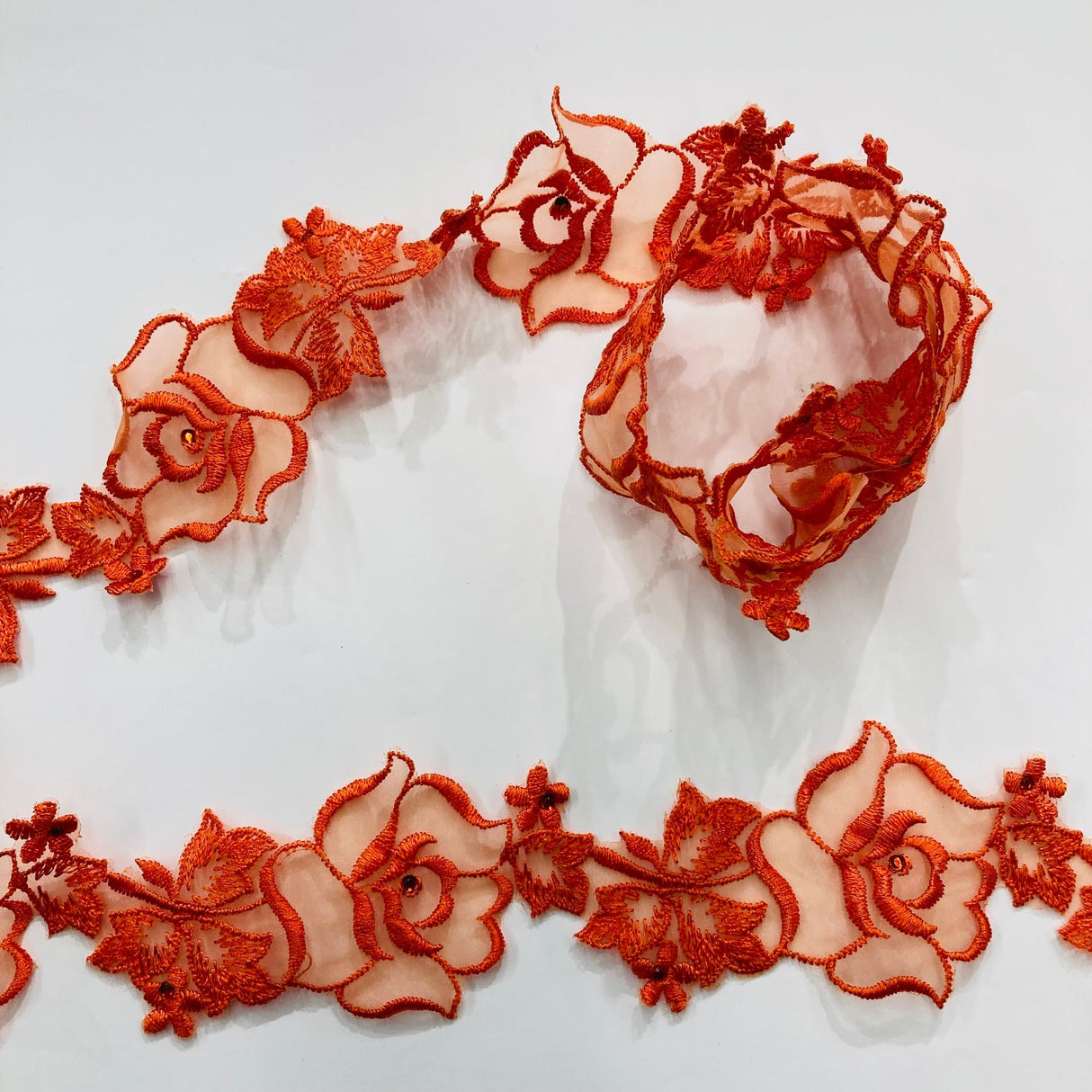 1 Yard Beaded Lace Trimming Embroidered on Organza | 2" Wide | Decorative Trim for Gowns & Costumes