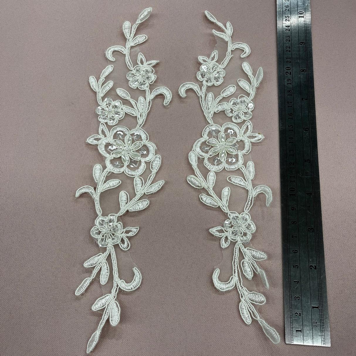 1 Pair Beaded & Corded Lace Applique Embroidered on 100% Polyester Organza 10" x 2" Each Side
