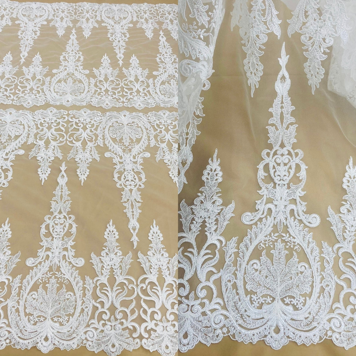 1 Yard White Corded Bridal Lace Fabric Embroidered on Polyester Net Mesh 52 inch Width