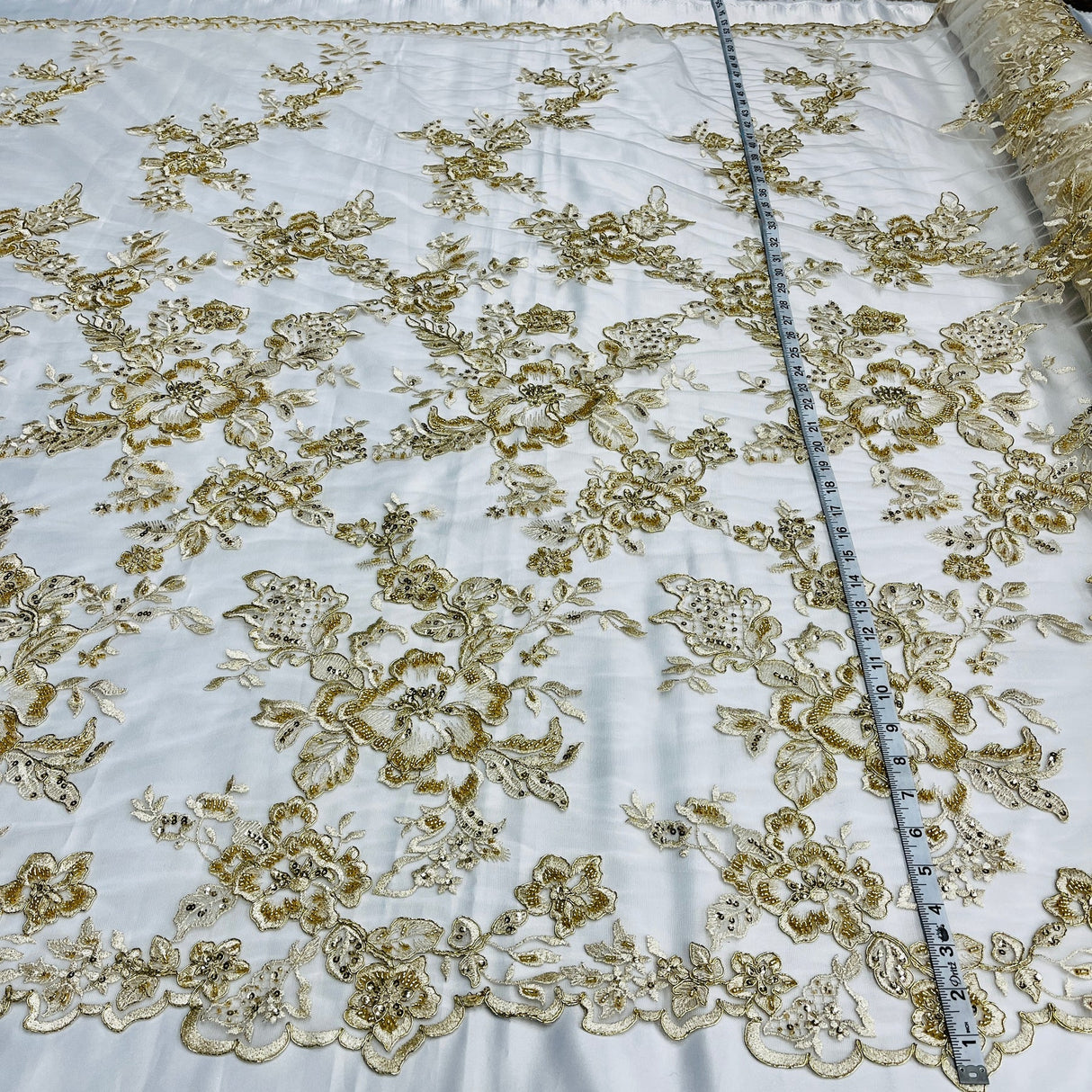 1 Yard Opulent Beaded & Corded Bridal Lace Fabric Embroidered on Polyester Net Mesh Perfect for Wedding & Evening Couture 53" Wide