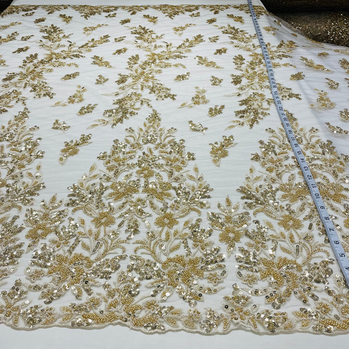 1 Yard Beaded Embroidered Lace Fabric on Polyester Net Mesh, 52" Wide