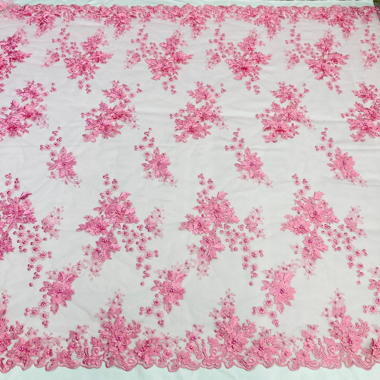 1 Yard Beaded Rhinestone 3D Floral Lace Fabric Embroidered Mesh Gown 52" Width