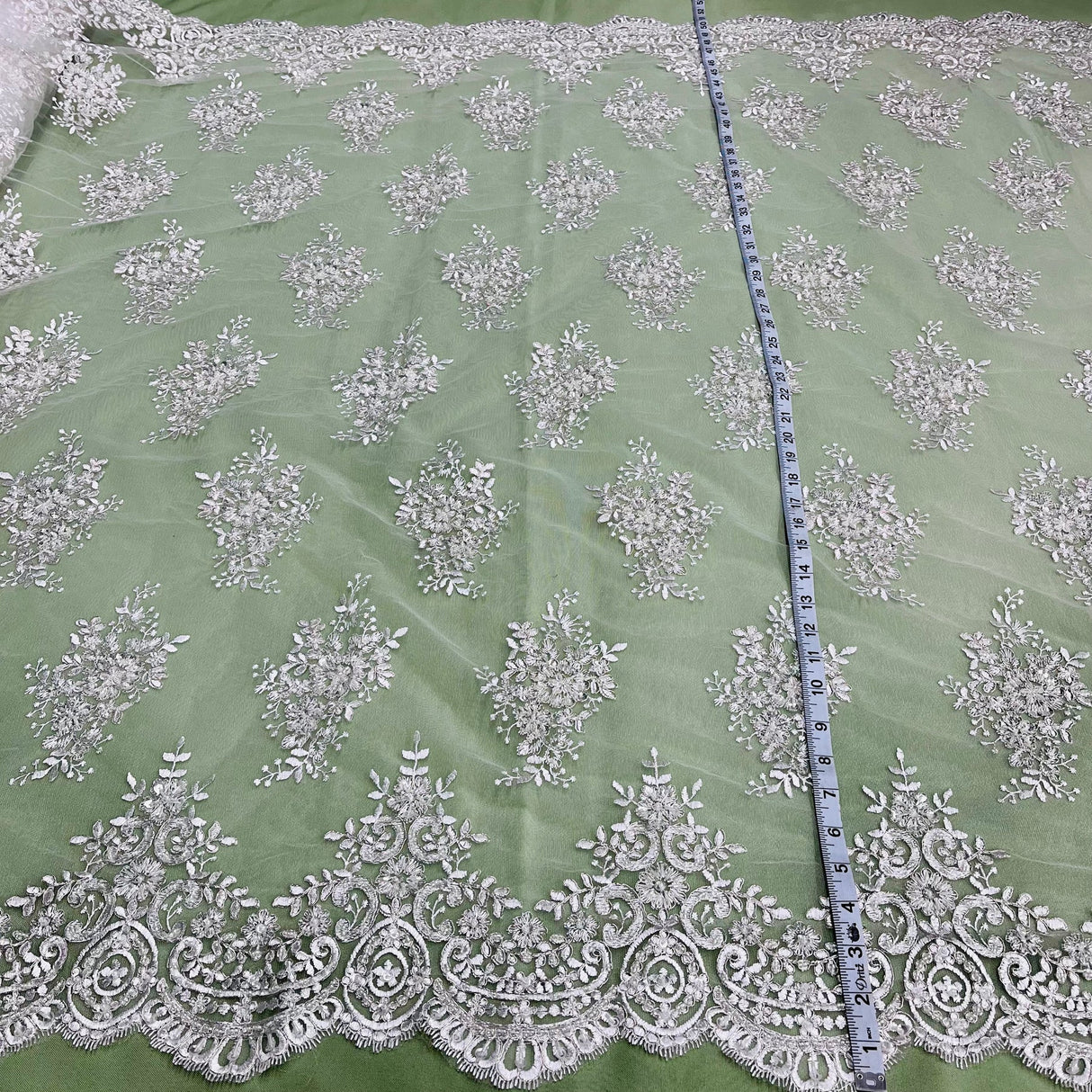 1 Yard Elegant Champagne Beaded Corded Lace Fabric on Net Mesh 56 inch Width