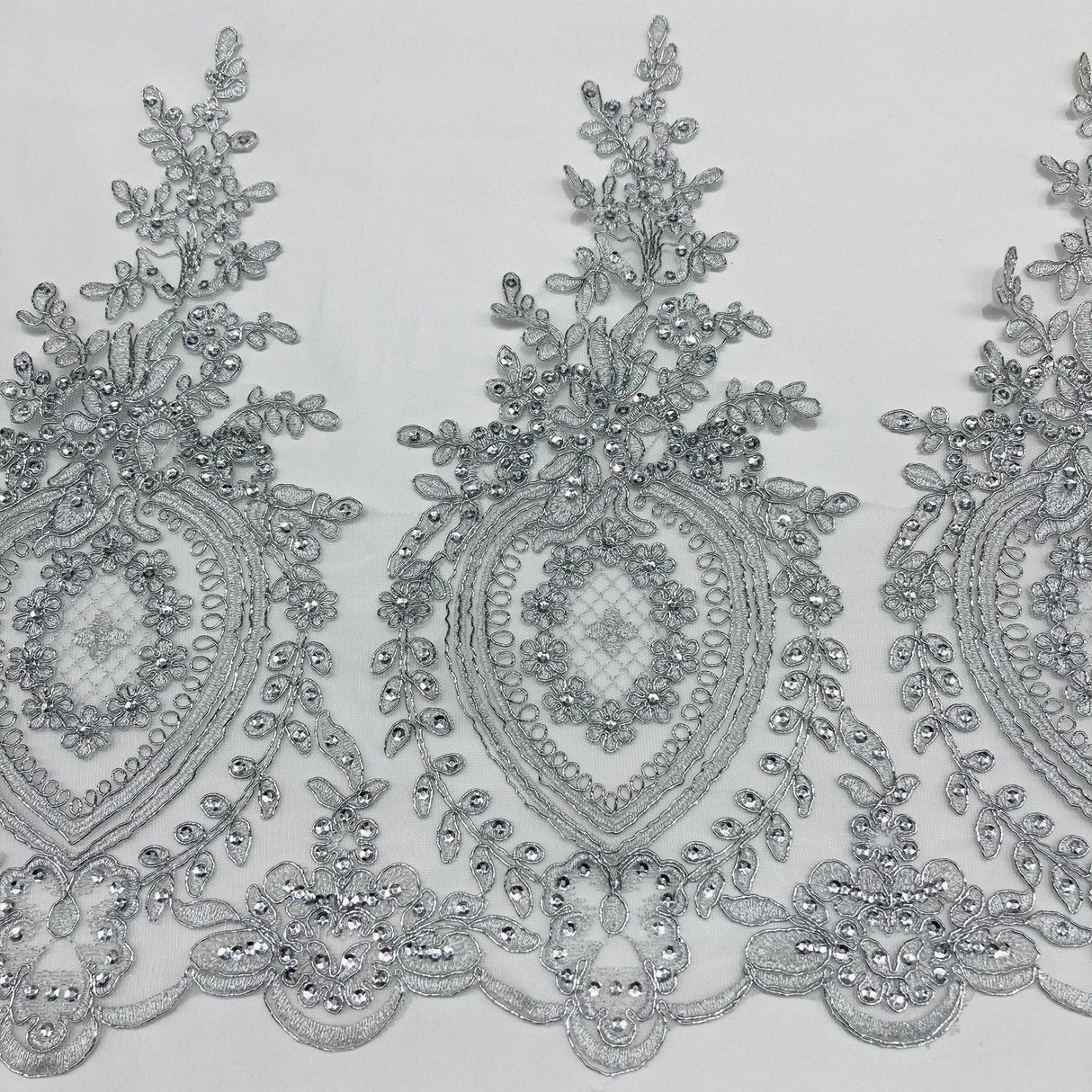 1 Yard Beaded & Corded Lace Trimming 13″ Wide Embroidered on 100% Polyester Net Mesh