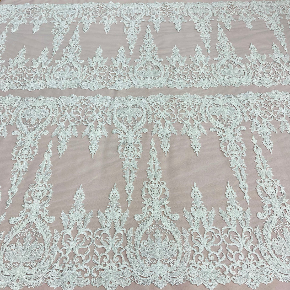 1 Yard Beaded & Corded Bridal Lace Fabric on Polyester Net Mesh, Embroidered Lace Fabric, 51" Width