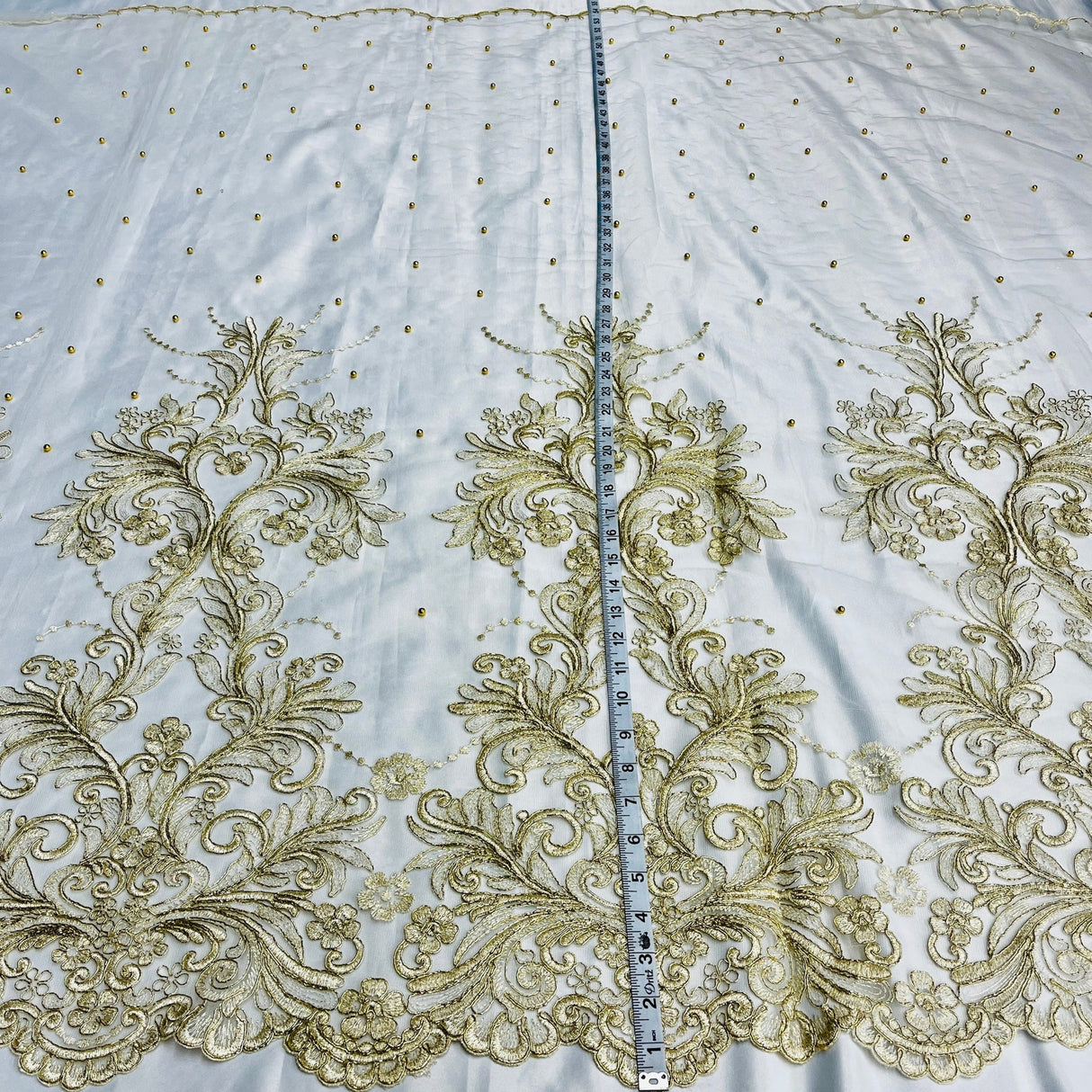 1 Yard Exquisite Beaded and Corded Bridal Lace Fabric Embroidered on Polyester Net Mesh 54" Width