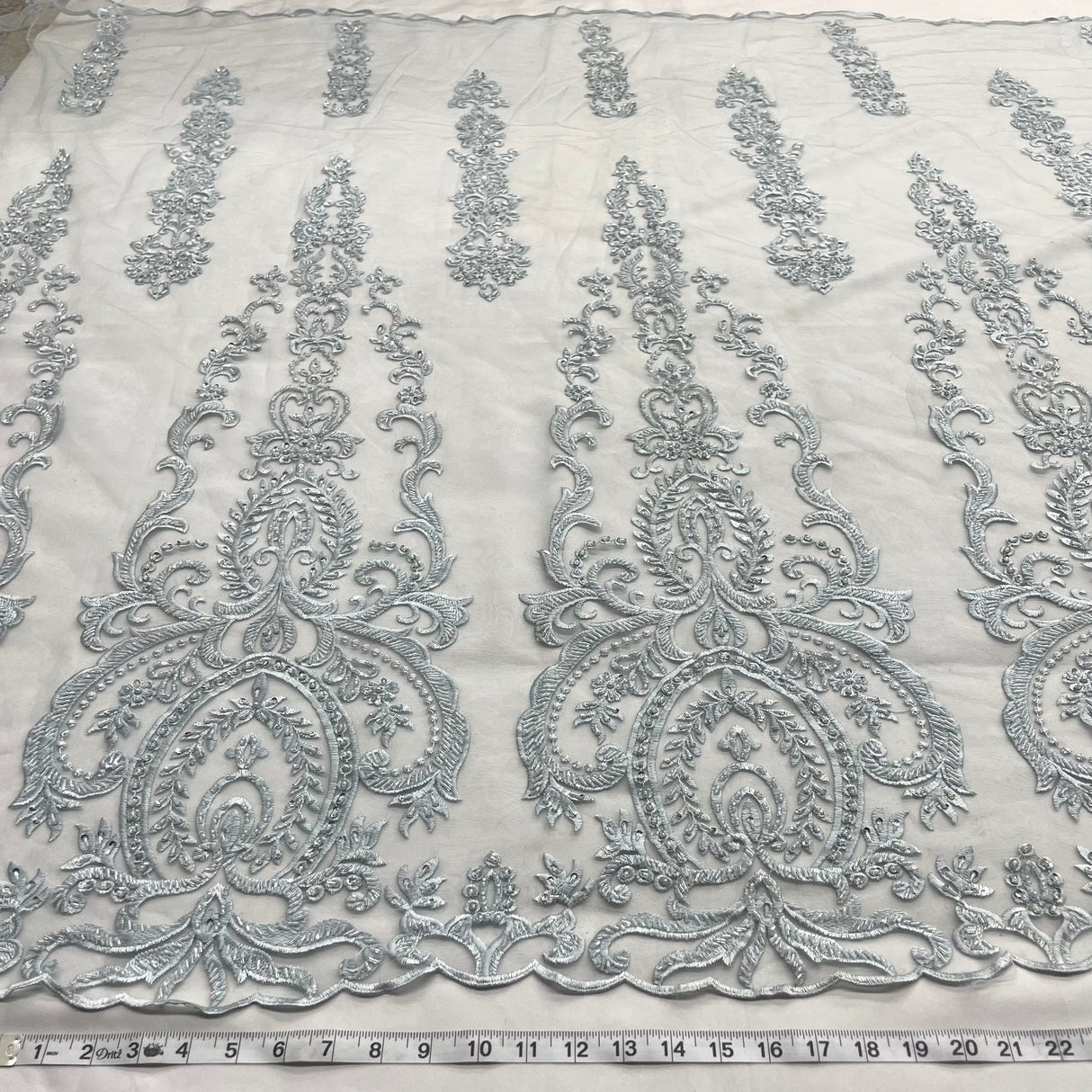 1 Yard Luxurious Beaded and Corded Bridal Lace Fabric Embroidered on Polyester Net Mesh Blush 52" Width