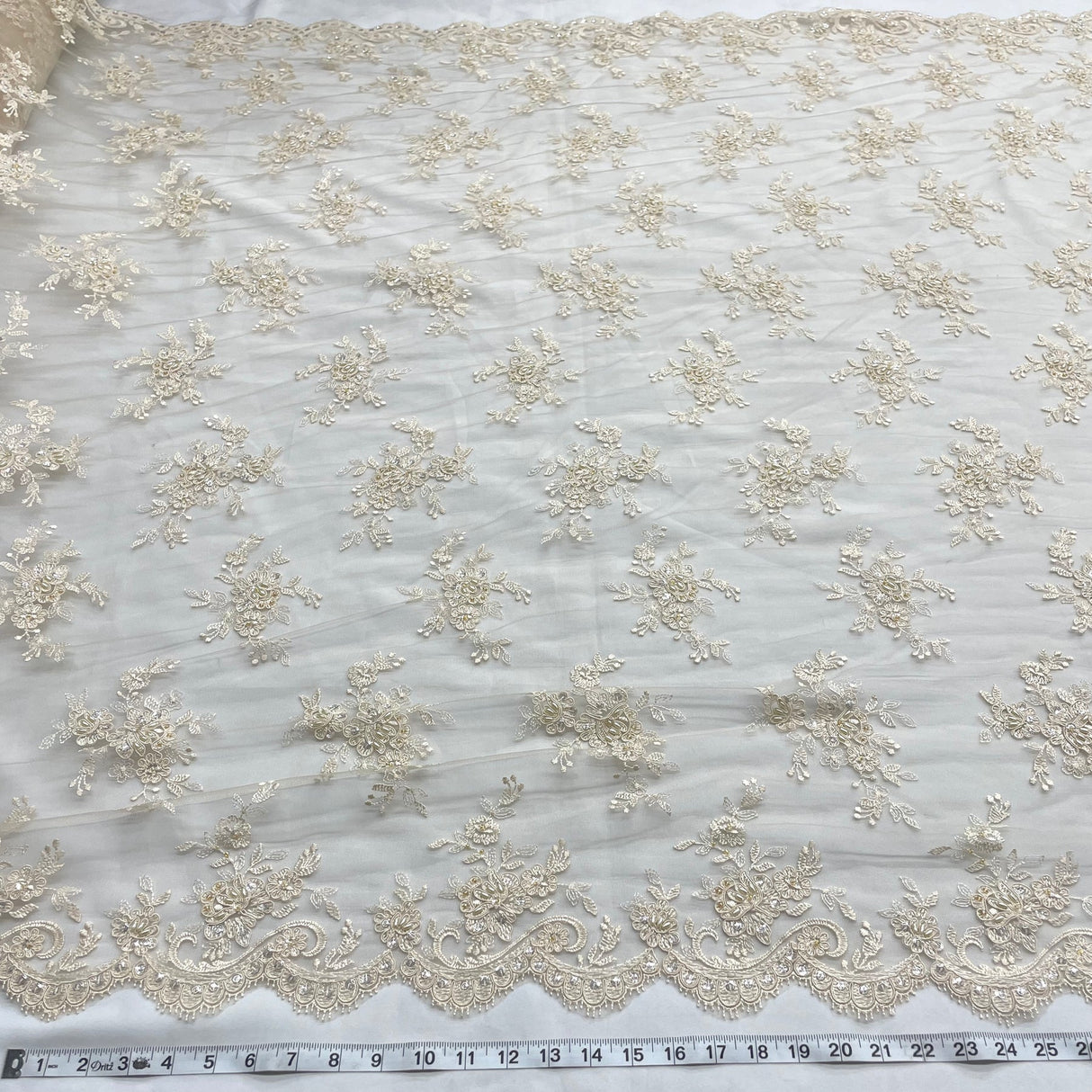 1 Yard Beaded Corded Bridal Lace Fabric Embroidered Mesh Champagne 54" Width
