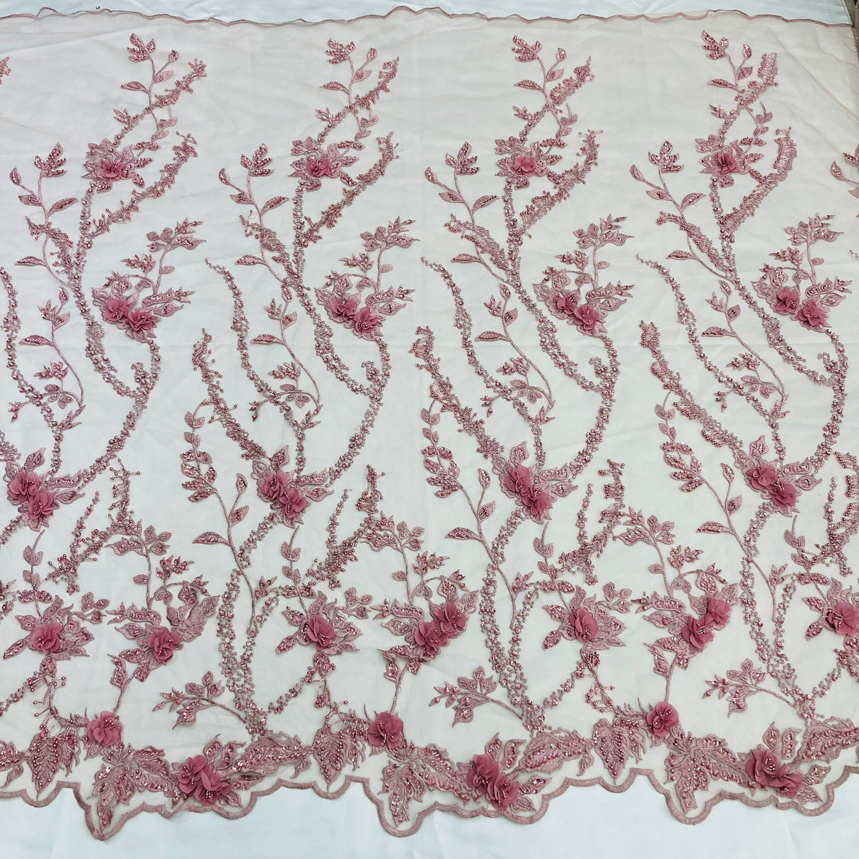 1 Yard Blush Beaded 3D Floral Lace Fabric Embroidered on Polyester Net Mesh 48 inch Width