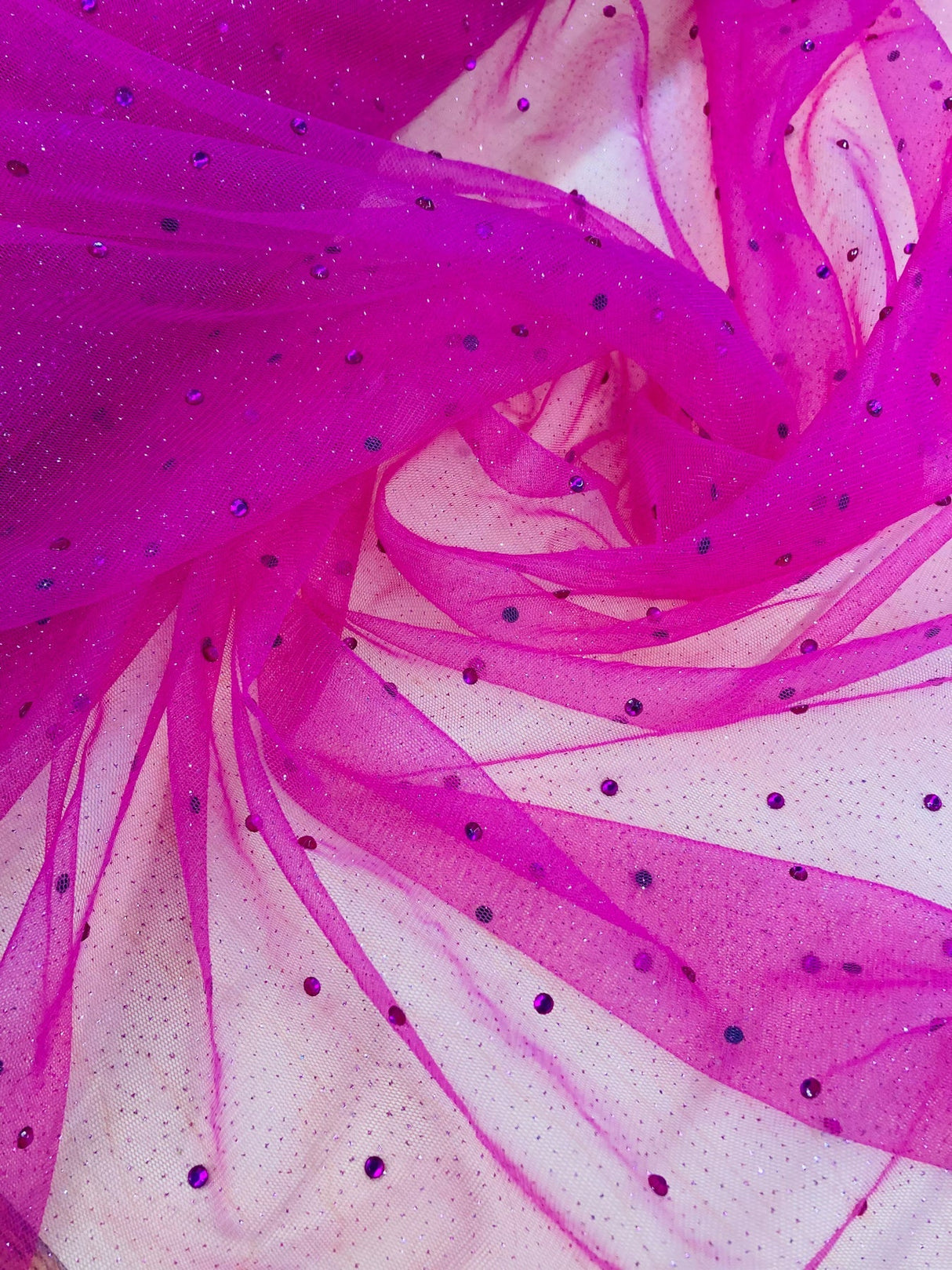 1 Yard Champagne Glitter Mesh Fabric with Scattered Rhinestones Stretch 60 Inch Width