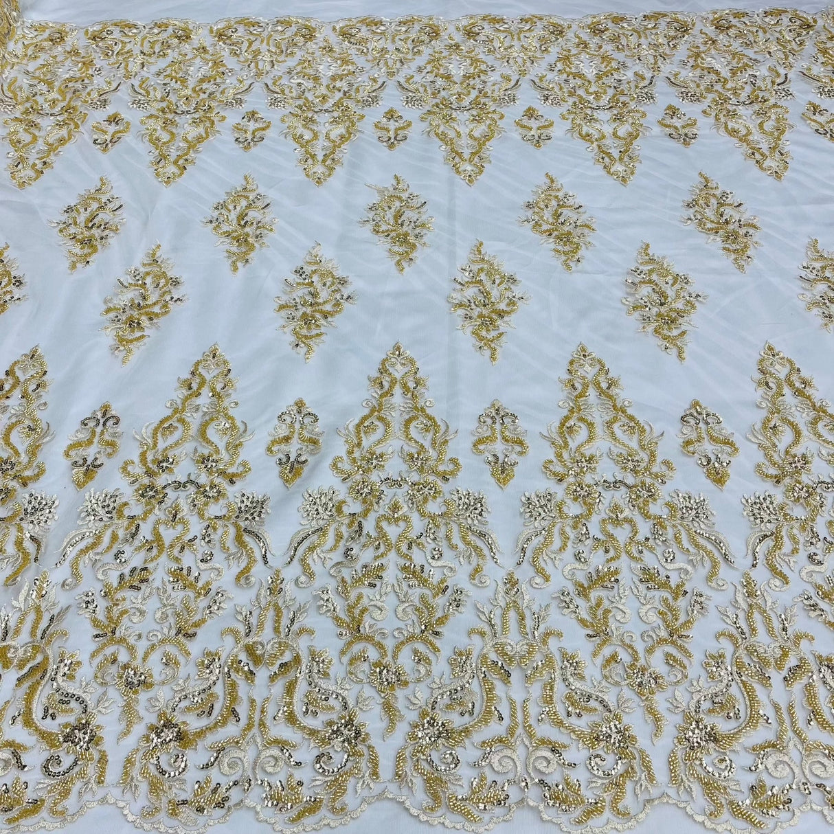 1 Yard Luxurious Beaded & Sequined Lace Fabric Embroidered on Polyester Net Mesh Perfect for Bridal & Evening Couture 52" Wide