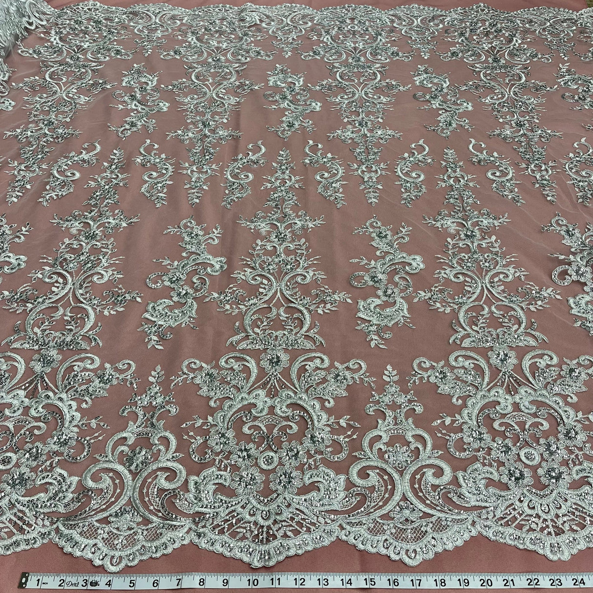 1 Yard Ethereal Silver Beaded Corded Bridal Lace Fabric on Net Mesh 54 inch Width