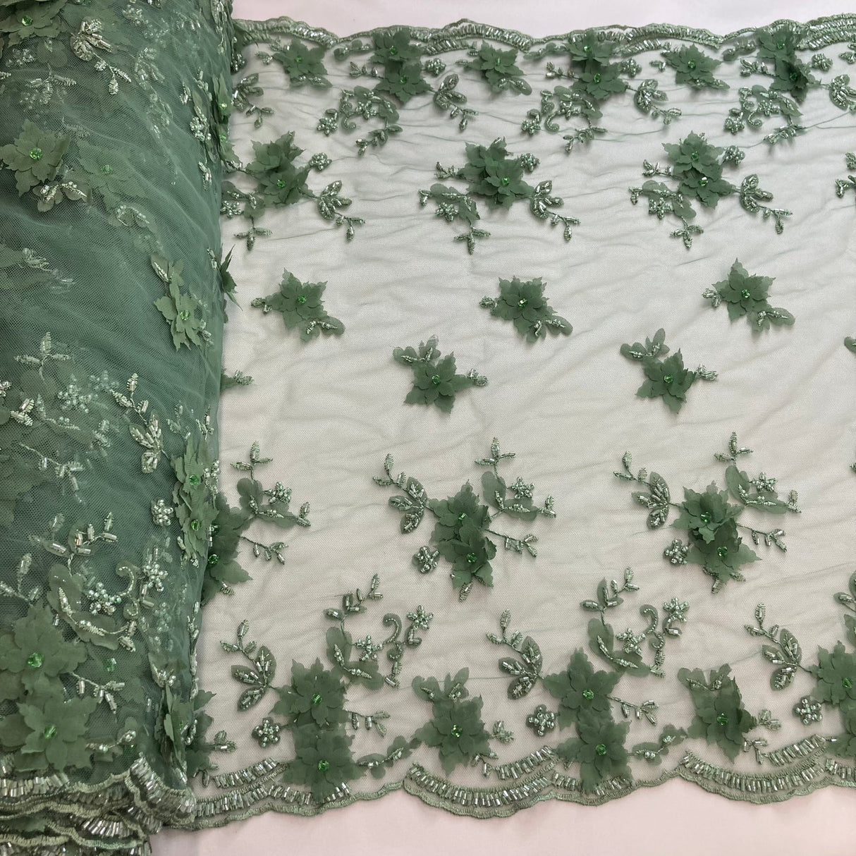 1 Yard Beaded Double Sided 3D Floral Lace Trimming 100% Polyester Net Mesh 21" Wide