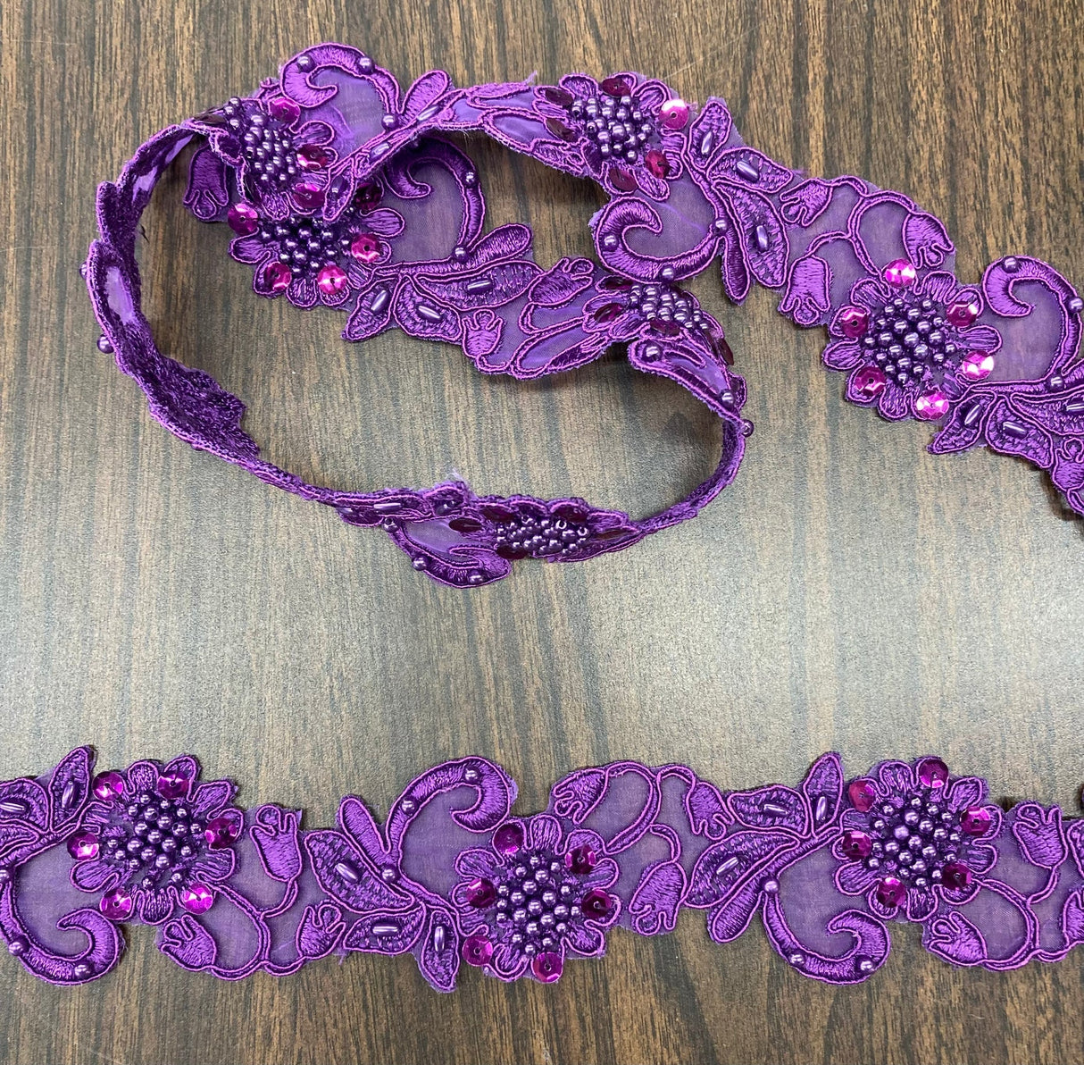 1 Yard Handmade Beaded & Corded Lace Trimming Embroidered on Polyester Organza 2 Inch Width