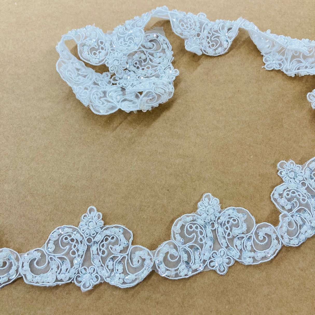 1 Yard Beaded Corded Lace Trim 2" Wide Embroidered Organza for Dresses & Gowns
