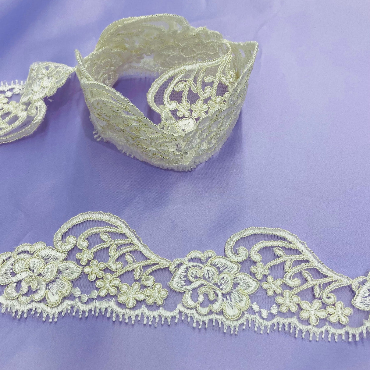 1 Yard Corded Lace Trimming on Net Mesh – 3" Wide | Embroidered Decorative Lace for Dresses & Costumes