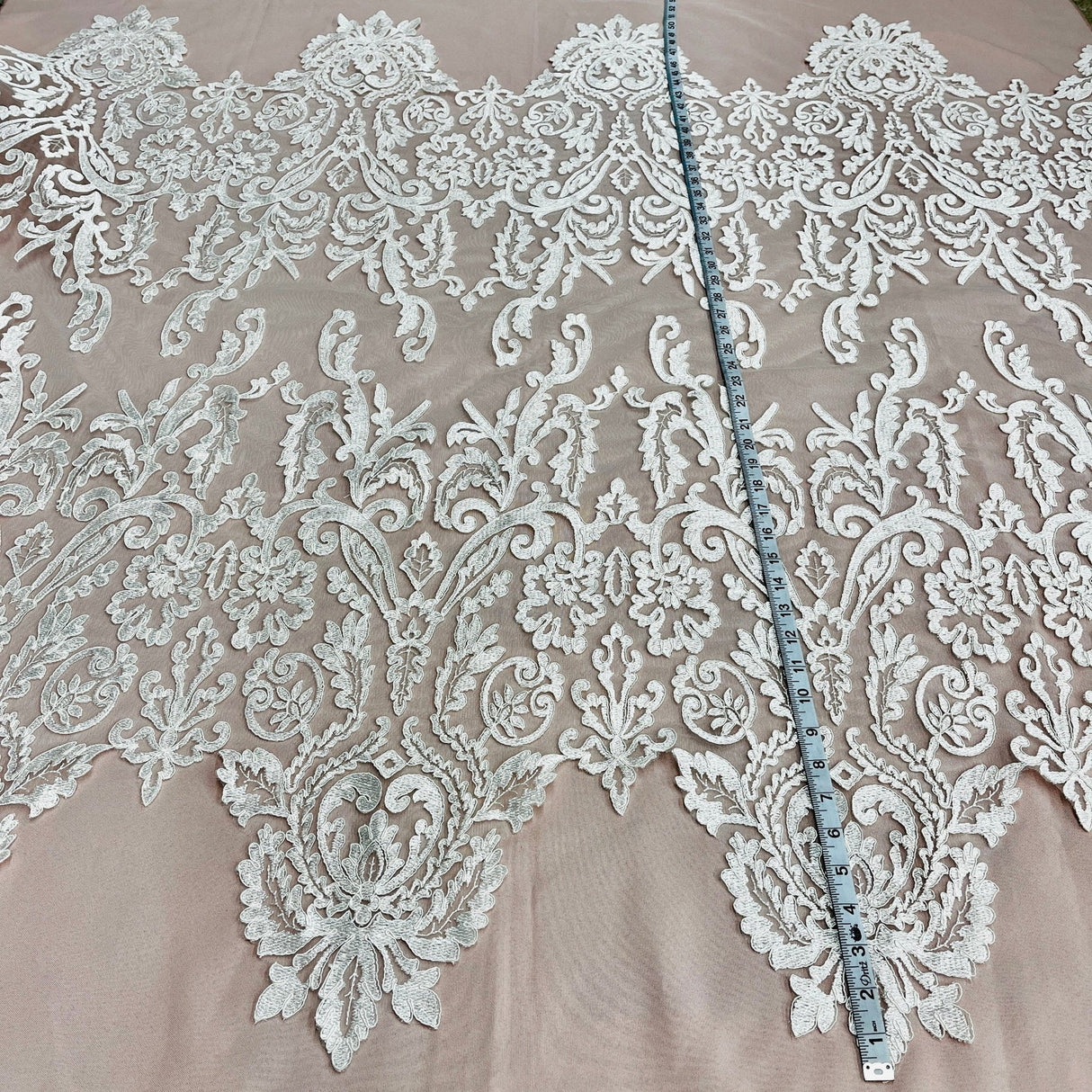 1 Yard White Corded Bridal Lace Fabric Embroidered on Polyester Net Mesh 52 inch Width