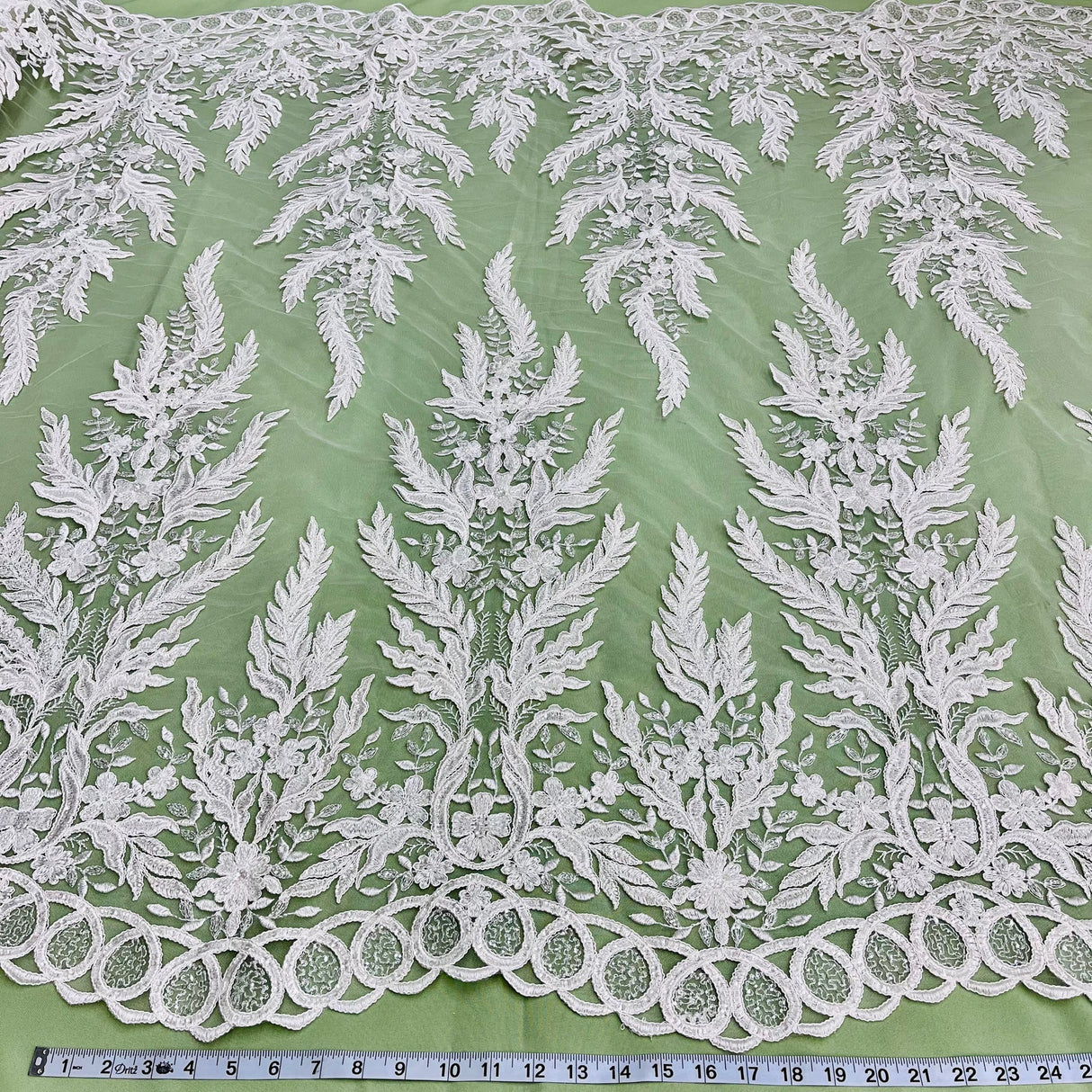 1 Yard Elegant White Beaded & Corded Embroidered Lace Fabric, 51" Wide, Bridal Fabrication for Gowns & Décor