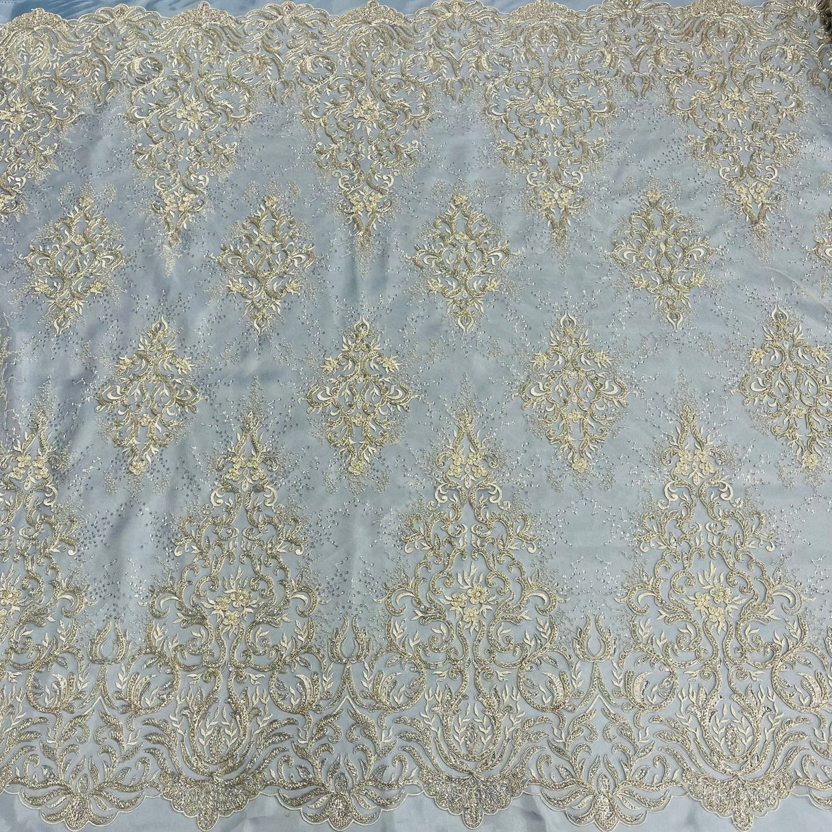 1 Yard Beaded & Corded Bridal Lace Fabric, Handcrafted Embroidered Polyester Net Mesh for Couture Wedding, Quinceanera & Evening Gowns 56" Wide