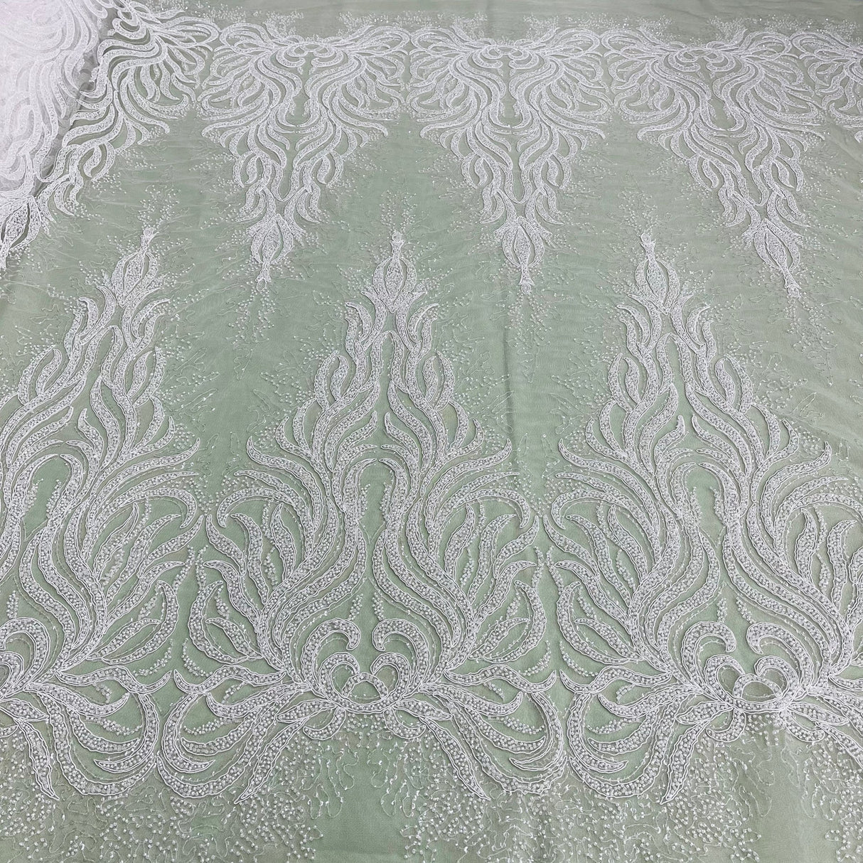 1 Yard Beaded, Corded & Sequined Bridal Lace Fabric on Polyester Net Mesh 54" Wide Couture Fabric