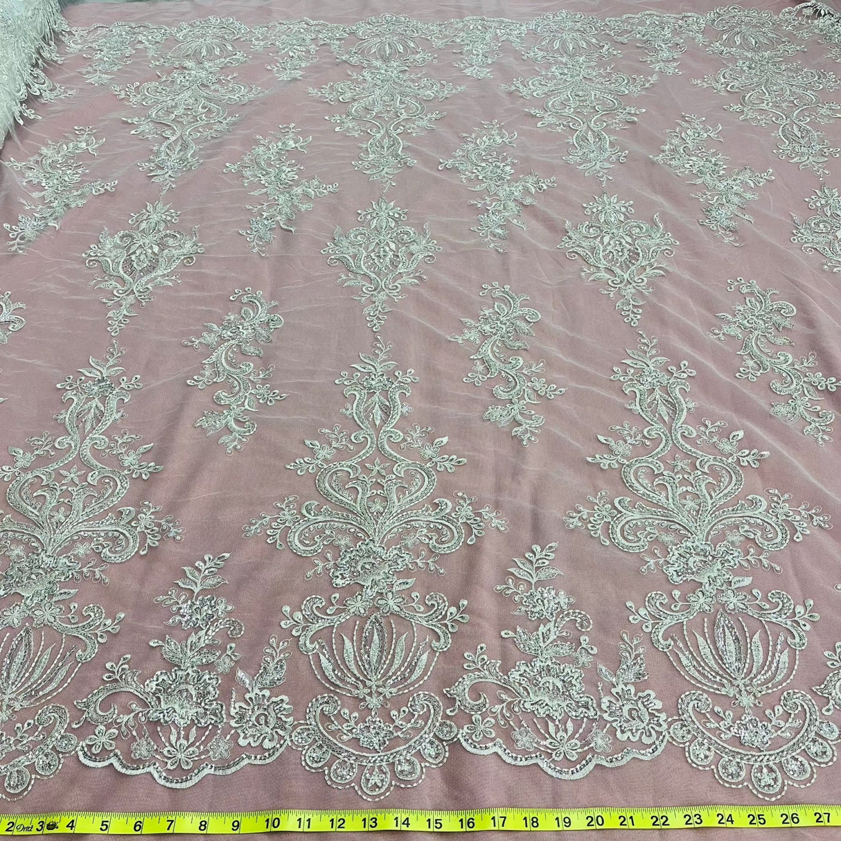 1 Yard Beaded Lace Fabric Embroidered on Polyester Net Mesh, 53" Width, Premium Embroidery Lace Material