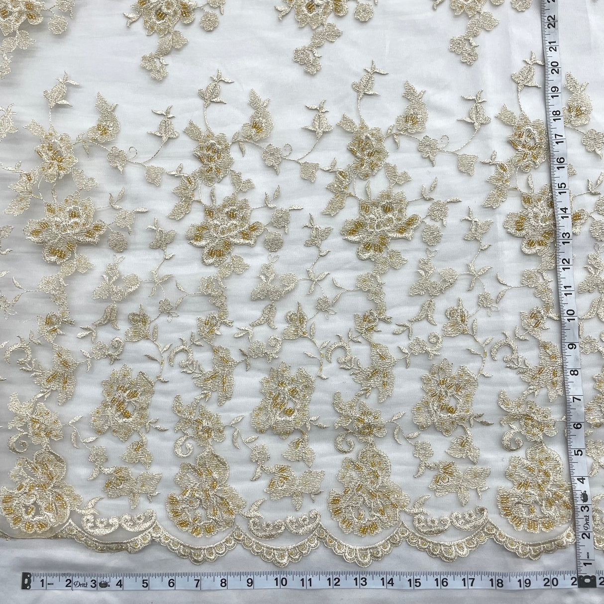 1 Yard Champagne with Gold Beaded Lace Fabric Embroidered Pearl Sequin Mesh Bridal Gown 54" Width
