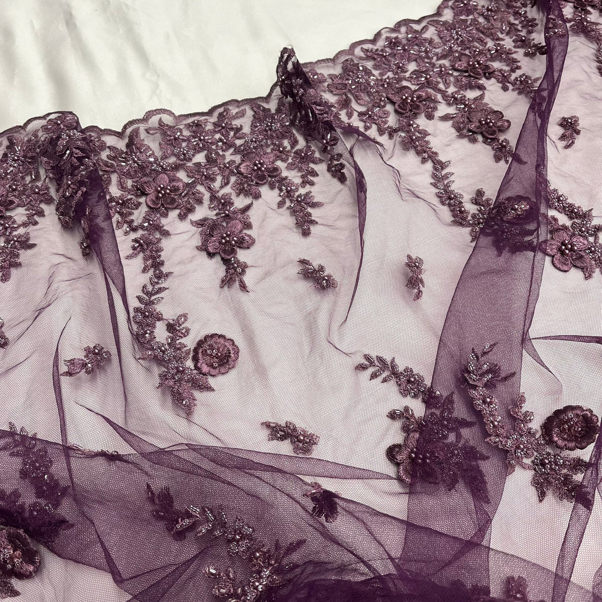 1 Yard Beaded 3D Floral Lace Fabric Embroidered on Polyester Net Mesh, Plum, 54" Width, Elegant Fabric for Dresses & Crafts