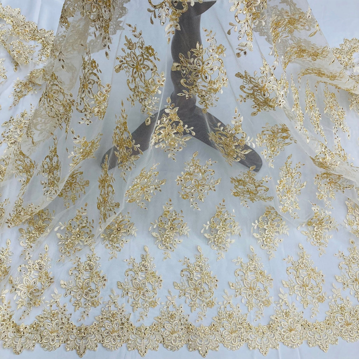 1 Yard Gold Beaded Corded Bridal Lace Fabric Embroidered on Polyester Net Mesh 54 inch Width