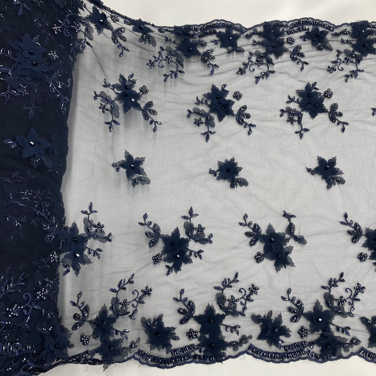 1 Yard Beaded Double Sided 3D Floral Lace Trimming 100% Polyester Net Mesh 21" Wide