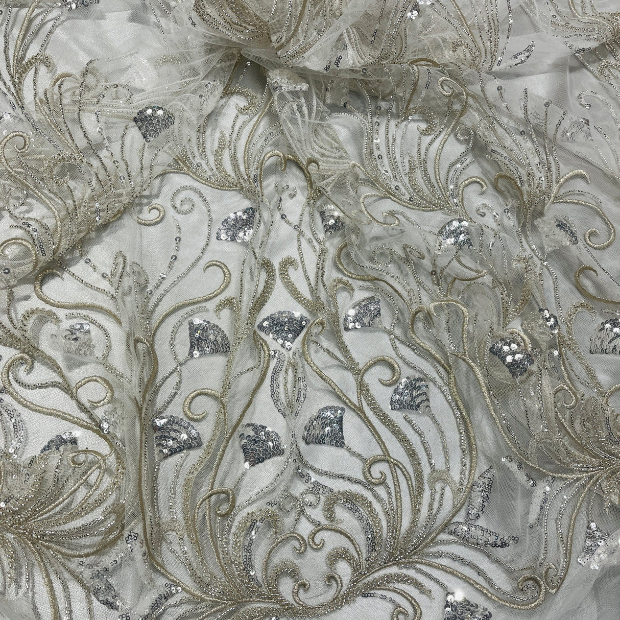1 Yard Beaded Lace Fabric Embroidered on Polyester Net Mesh, 52" Wide, Premium Fabric for Dressmaking & Crafting