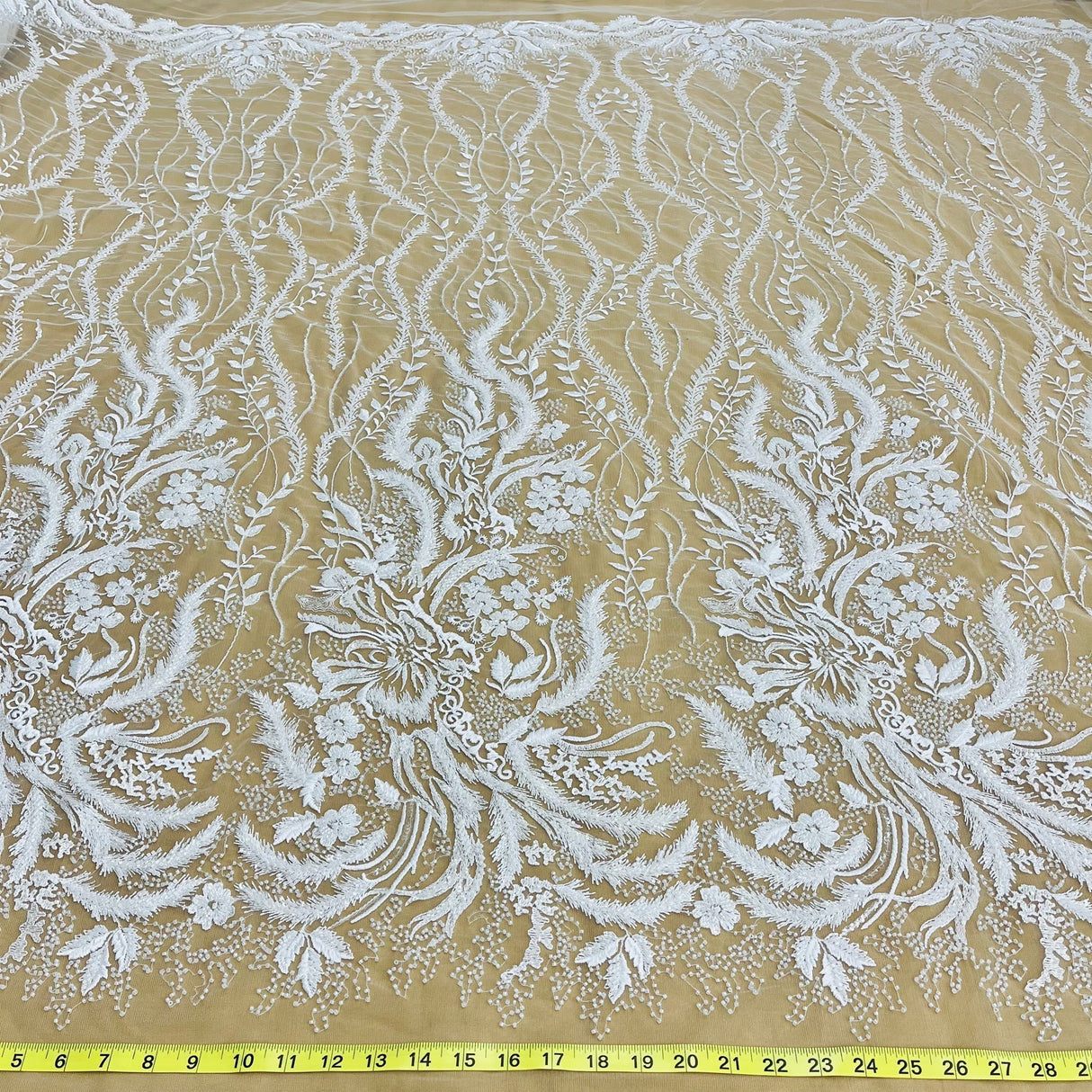 1 Yard Beaded Lace Fabric Hand-Embroidered with Pearls & Sequins on Polyester Net Mesh for Bridal, Evening & Couture Wear 56" Wide