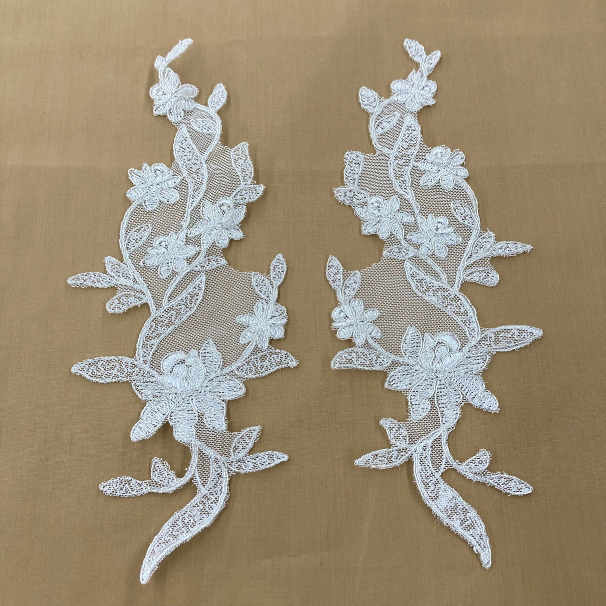 1 Pair Corded Floral Applique for Bridal, Christening & Flower Girl Dresses 11" x 3" Each Side