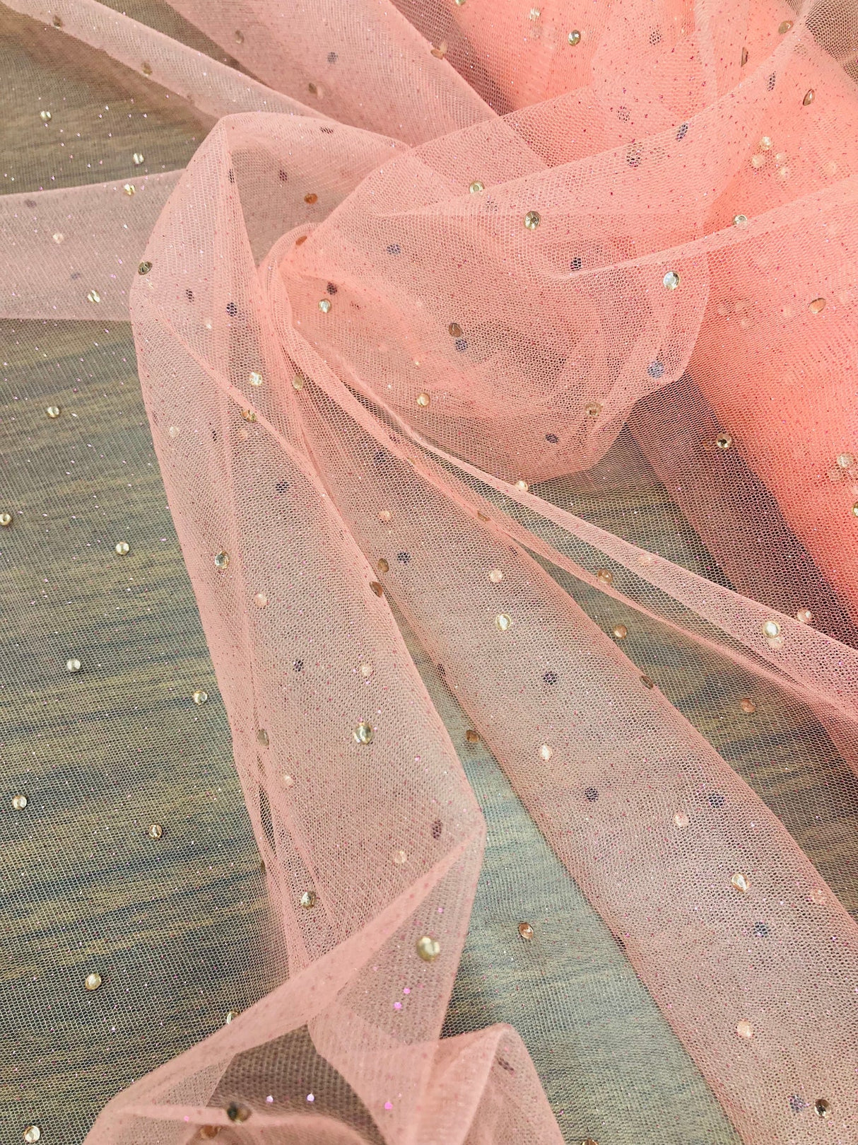 1 Yard Champagne Glitter Mesh Fabric with Scattered Rhinestones Stretch 60 Inch Width