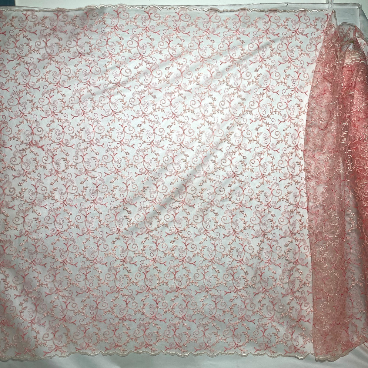 1 Yard Light Sage Embroidered Lace Fabric on Polyester Net Mesh 52 Inch Width