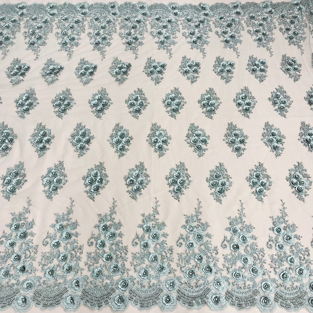 1 Yard Beaded & Rhinestone 3D Floral Embroidered Lace Fabric, Black Polyester Mesh, 54” Wide,