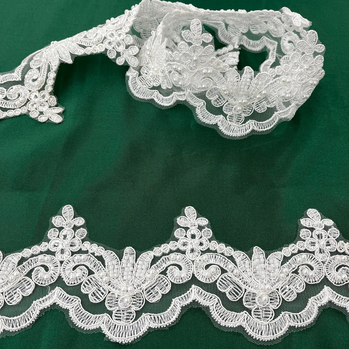 1 Yard Luxurious Beaded & Corded Lace Trimming Embroidered on 100% Polyester Net Mesh for Special Occasion Dresses 3 Inch Width
