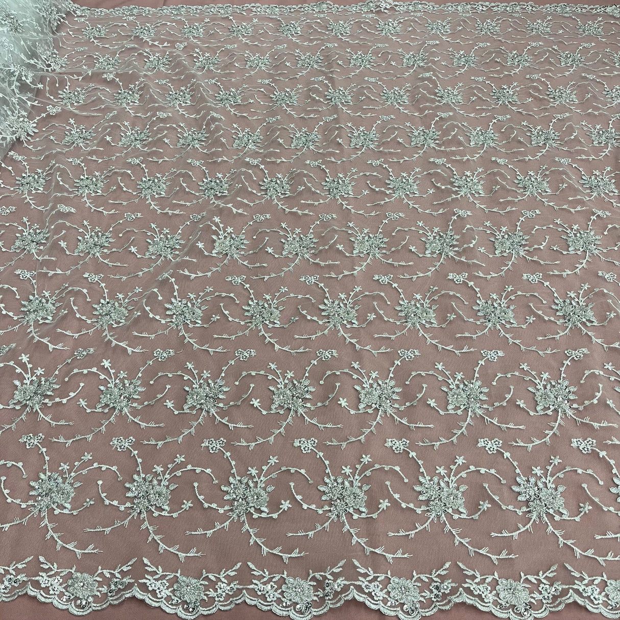 1 Yard Elegant Ivory Beaded Corded Bridal Lace Fabric Embroidered on Net Mesh 52 inch Width